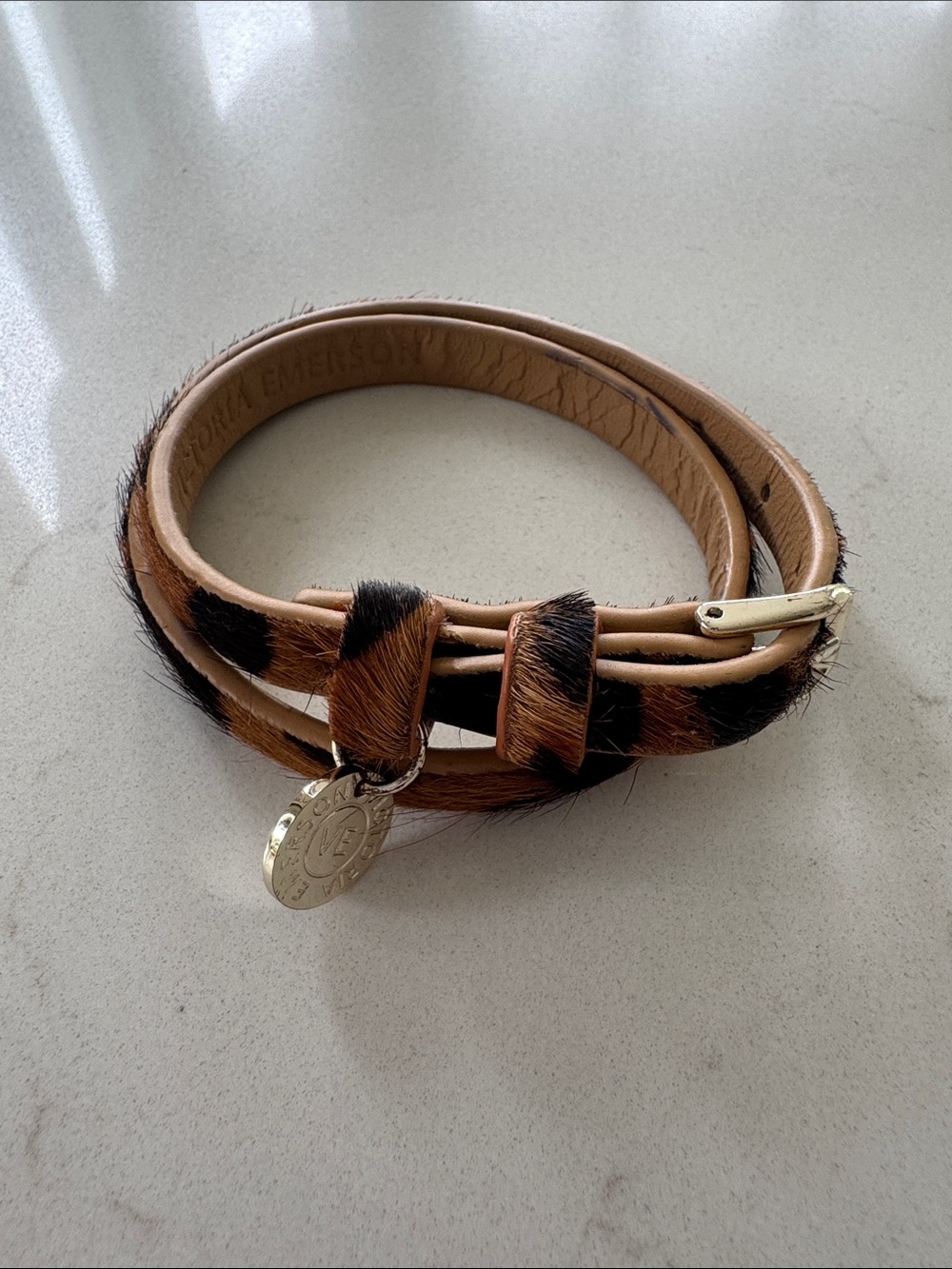 Victoria Emerson Tan and Black Haircalf Wrap Bracelet with Gold Charm NWOT
